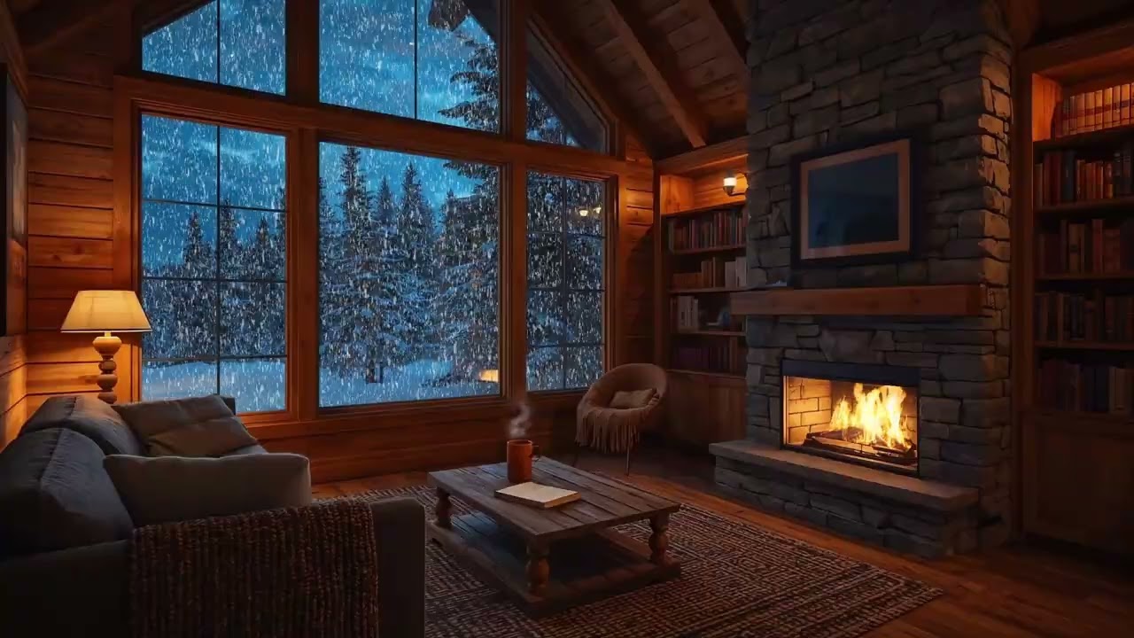 Snowy Window Seat Living Room | Winter Night & Fireplace Ambience