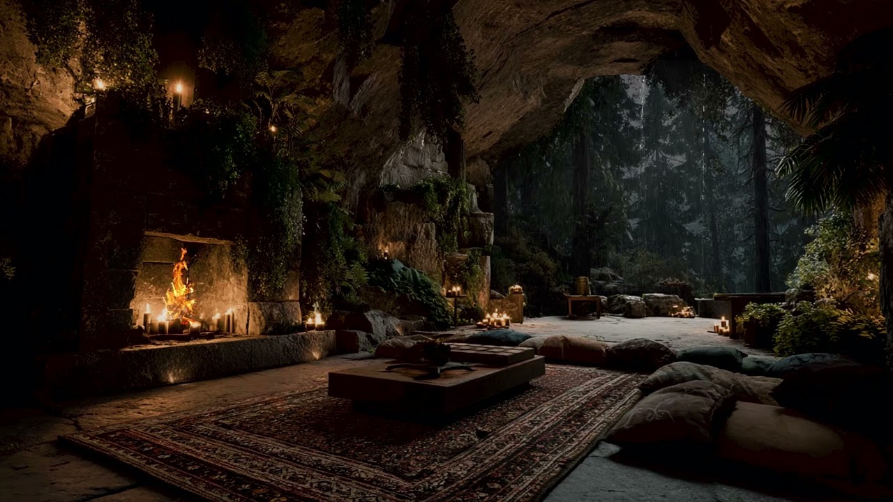 Deep Forest Cave Rainstorm at Night | Echoing Rain, Distant Thunder & Cozy Campfire
