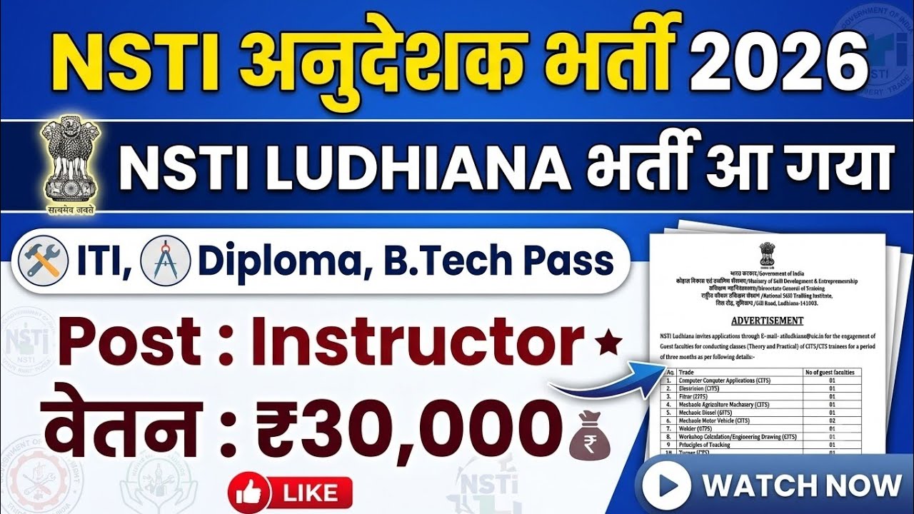 NSTI Ludhiana अनुदेशक भर्ती 2026✅NSTI Ludhiana Instructor Recruitment out | ITI , Diploma Pass 