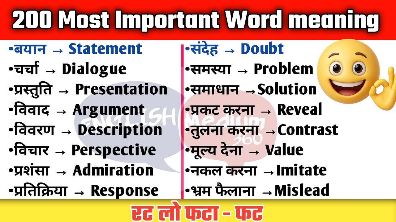 200 सबसे ज्यादा बोले जाने वाले English Words | Daily Use English Word Meanings in Hindi to English