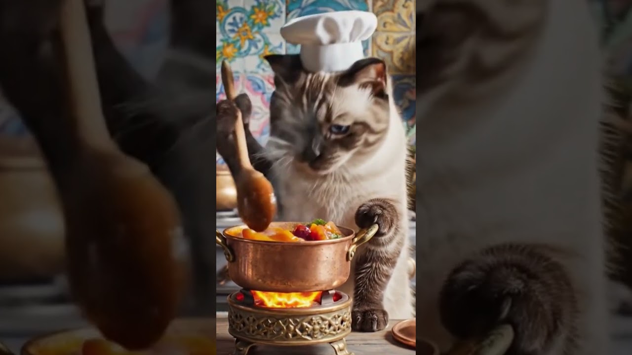 chef meow  cat 😺 cooking 🍖 meat  