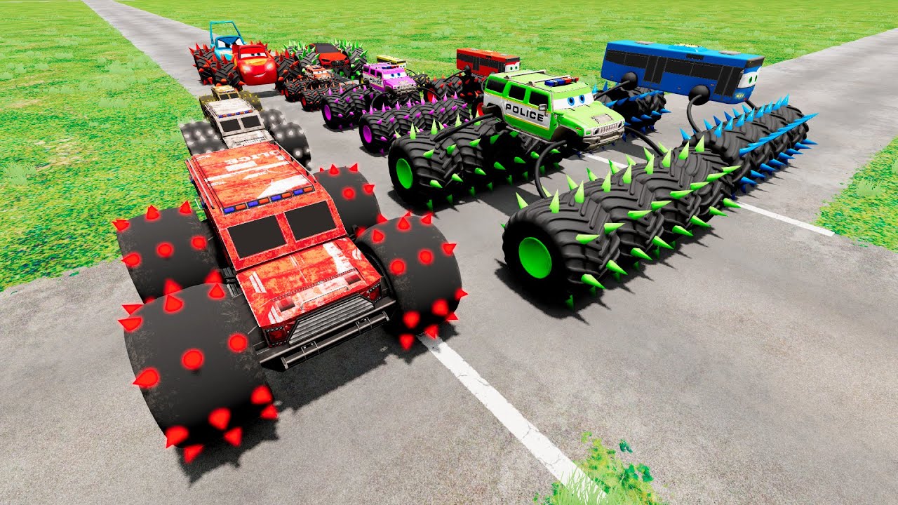 Big & Small Bus & Police McQueen  VS  Pothole Balls & Train Thomas | BeamNG Drive Pt.27