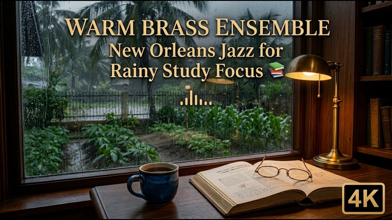 4K Warm Brass Ensemble New Orleans Jazz for Rainy Study Focus 📚