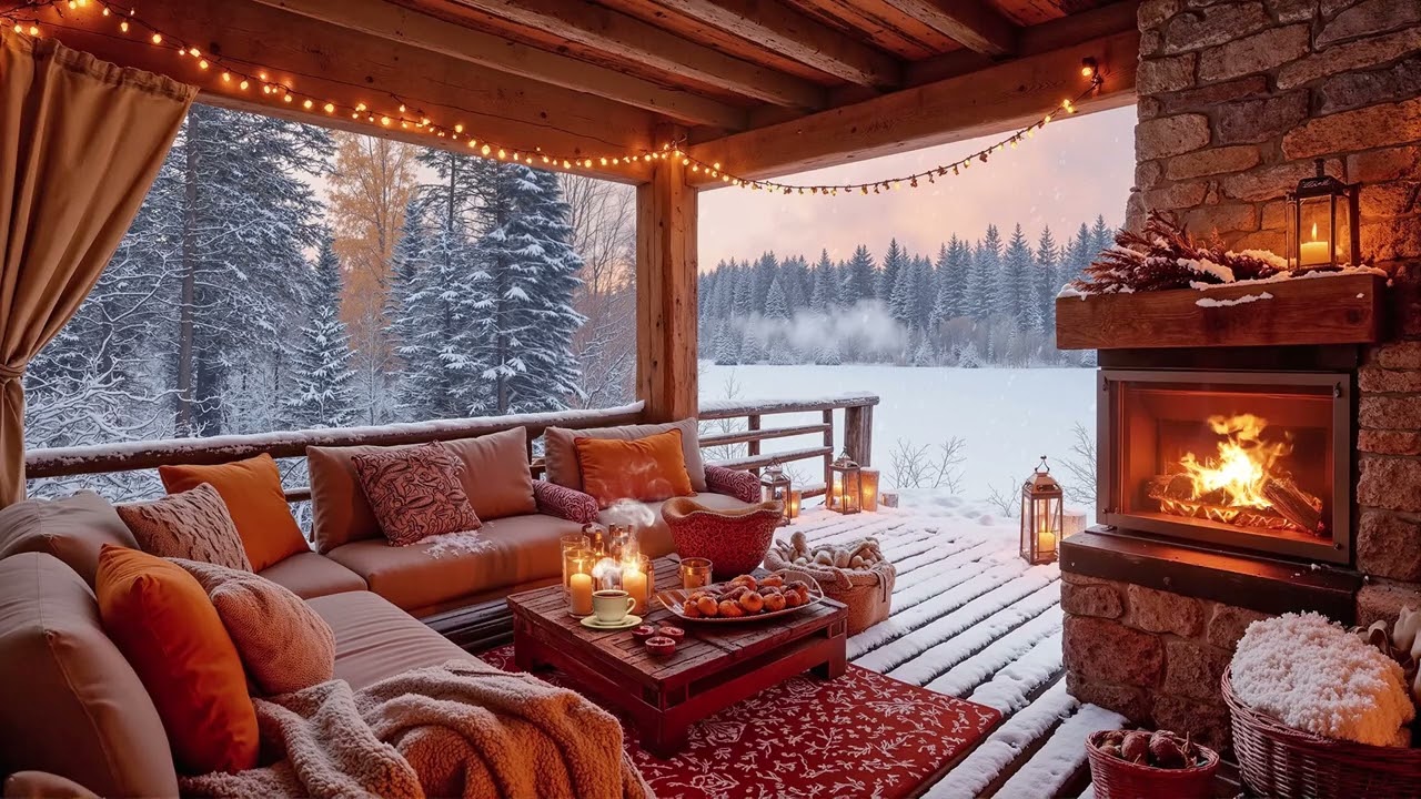 Cozy Winter Porch Jazz ❄️ Fireplace Ambience & Smooth Jazz Music for Snowy Relaxing Evenings