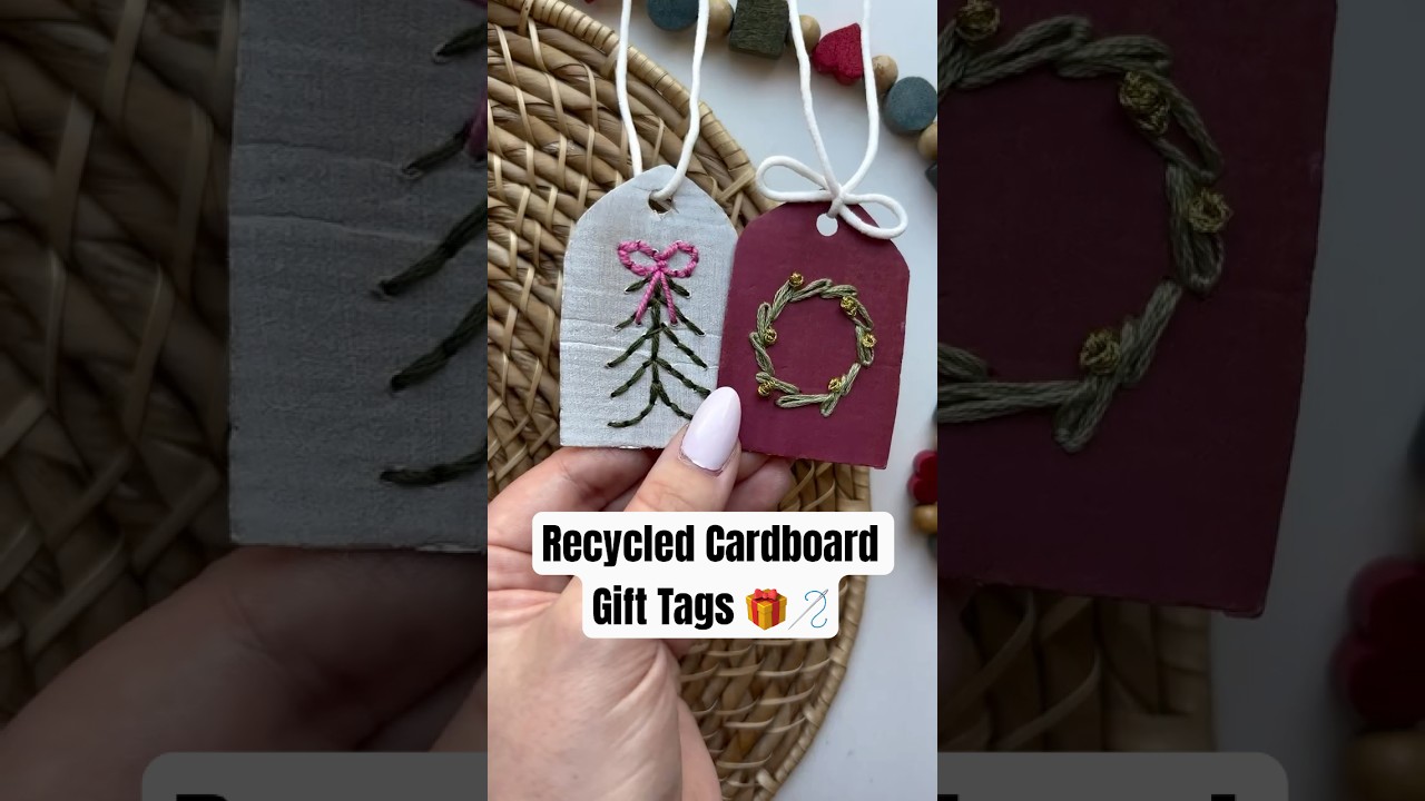 Recycled Embroidered Gift Tag!🪡 Would you try this DIY Christmas Craft? #diycraft #handemboidery