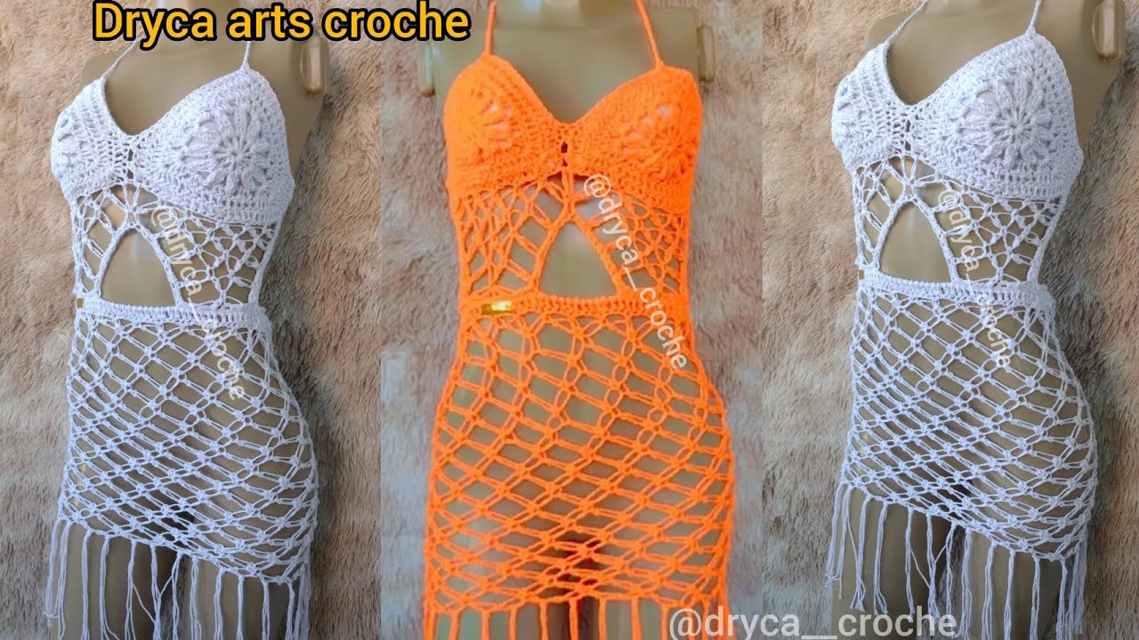 Vestido ou saída de praia de Crochê com franja