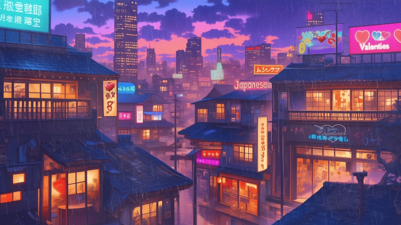 Lofi Hip Hop Beats for Love, Study & Sleep | Rainy Valentine Night | 80s & 1990 | Japanese Town