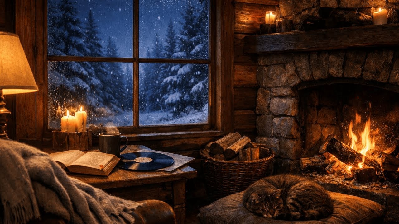 Winter Cabin Jazz ❄️ Cozy Fireplace & Sleeping Cat | Relaxing Smooth Jazz Night