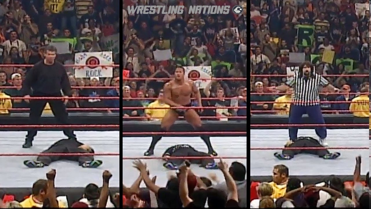 Triple People's Elbow by Vince, Foley and Rock to Shane McMahon