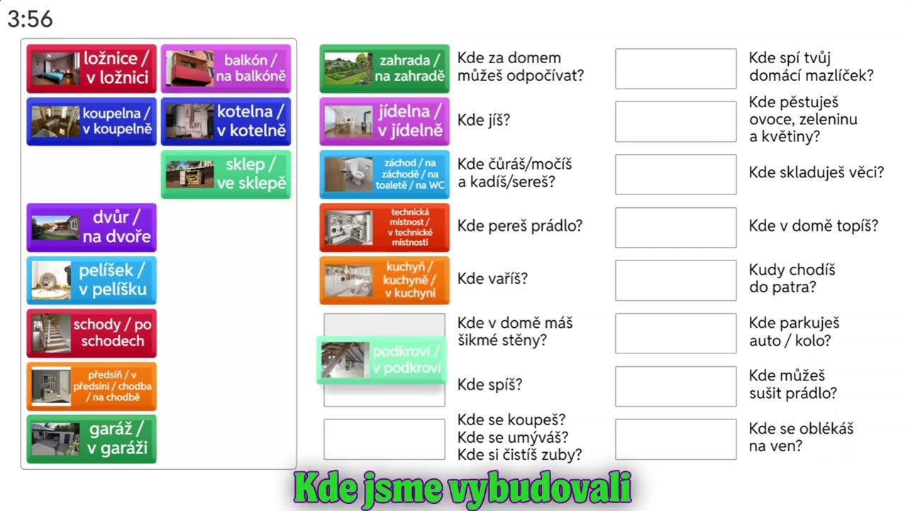 Český jazyk pro cizince – místnosti v domě, interaktivní spojovačka s Arťomem