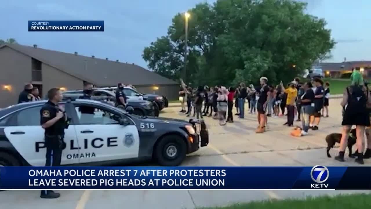 Omaha Police arrest 7 after protestors leave severed pig heads at police union