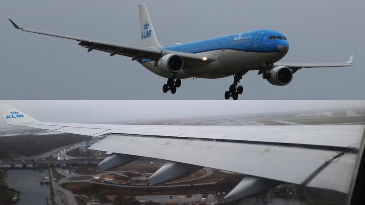 Double View! KLM A330 Crosswind Landing Storm Corrie Amsterdam Schiphol