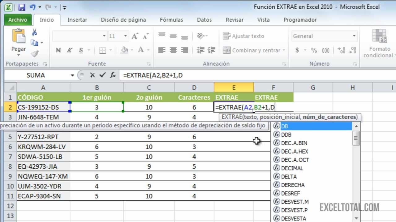 Funci&oacute;n EXTRAE en Excel