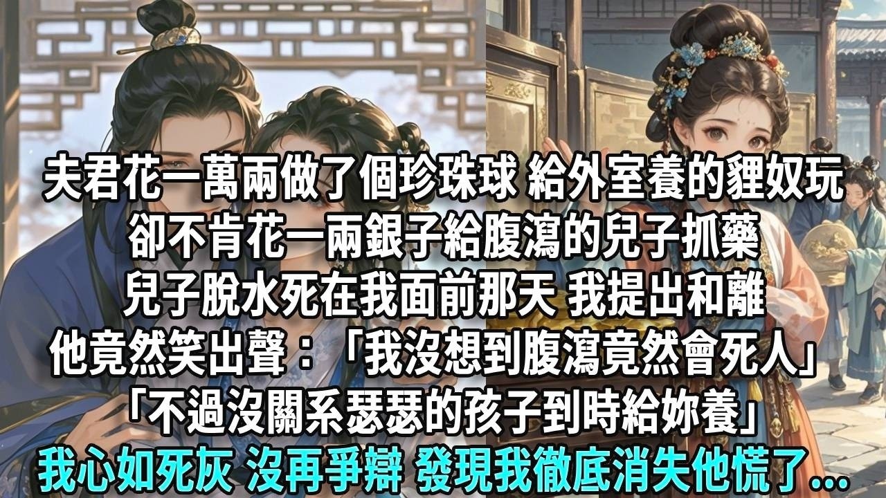 夫君花一萬兩做了個珍珠球，送給他的外室，給她養的貍奴玩，卻不肯花一兩銀子給腹瀉的兒子抓藥。兒子脫水死在我面前那天，我提出和離，他竟然笑出聲：「我沒想到腹瀉竟然會死人，不過沒關系瑟瑟的孩子到時給妳
