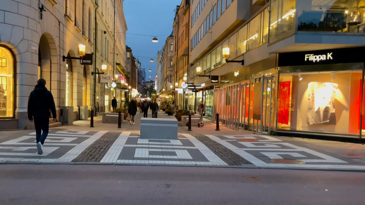 Stockholm Walks: Biblioteksgatan. Fancy shopping street on a quiet autumn night.