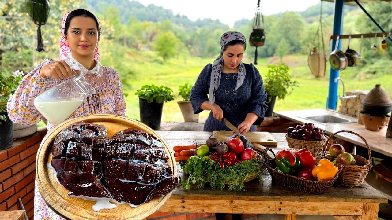 Recipe for fried beef liver with fresh vegetables and salad in rainy Village