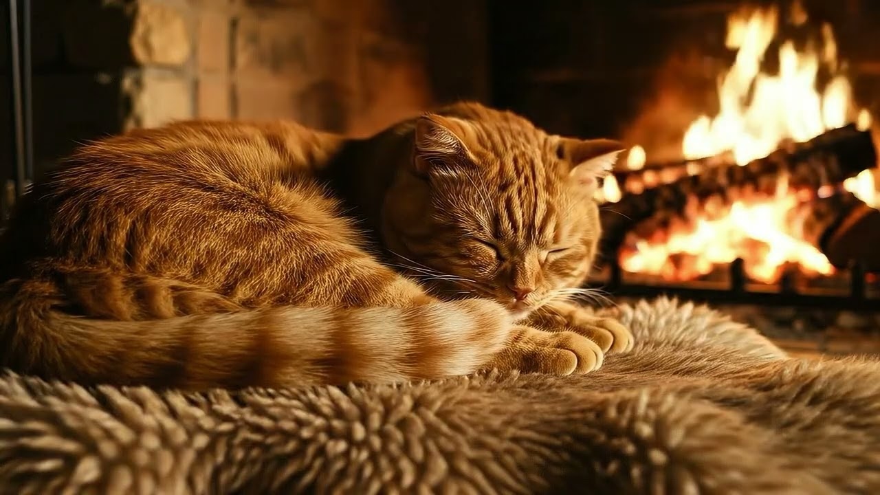 10 HOURS Cat By Fireplace Purring & Fire Sounds for Deep Sleep, Relaxation & ASMR