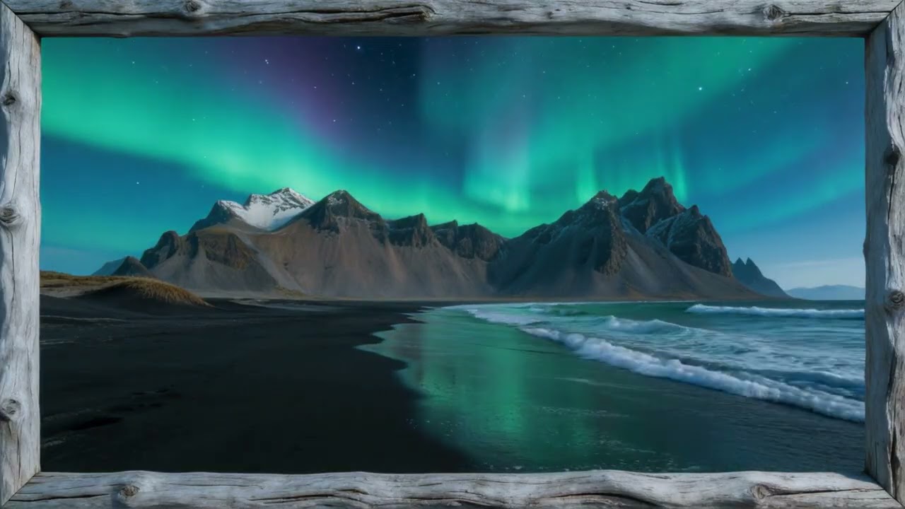 🌌 Mountain at Night Aurora Borealis – 4K Framed Screen Wallpaper for TV (No Ads)