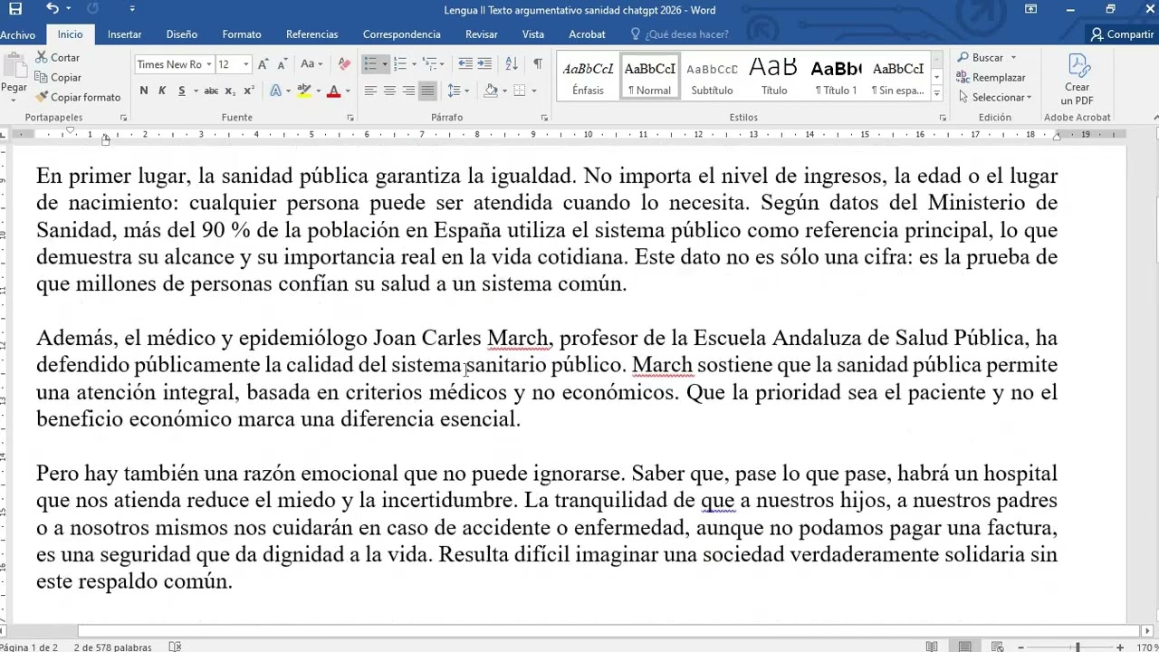 Texto argumentativo: la sanidad pública (Lengua II ESO Adultos 2026)