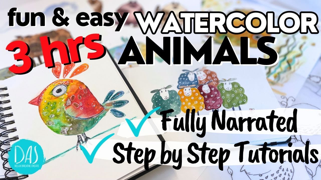 Over 3 hours of WHIMSICAL WATERCOLOR FUN sheep birds fish turtles and more!