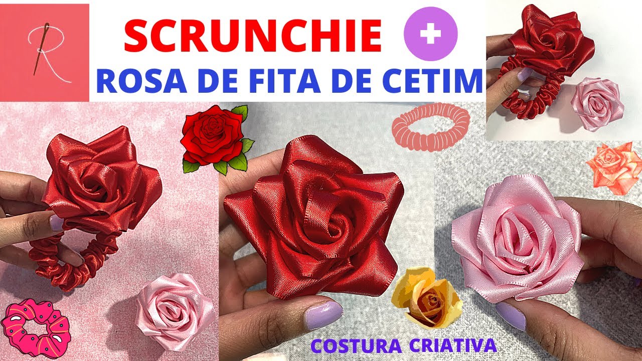 SCRUNCHIE COM ROSA DE FITA DE CETIM - COMO FAZER ROSA DE FITA DE CETIM