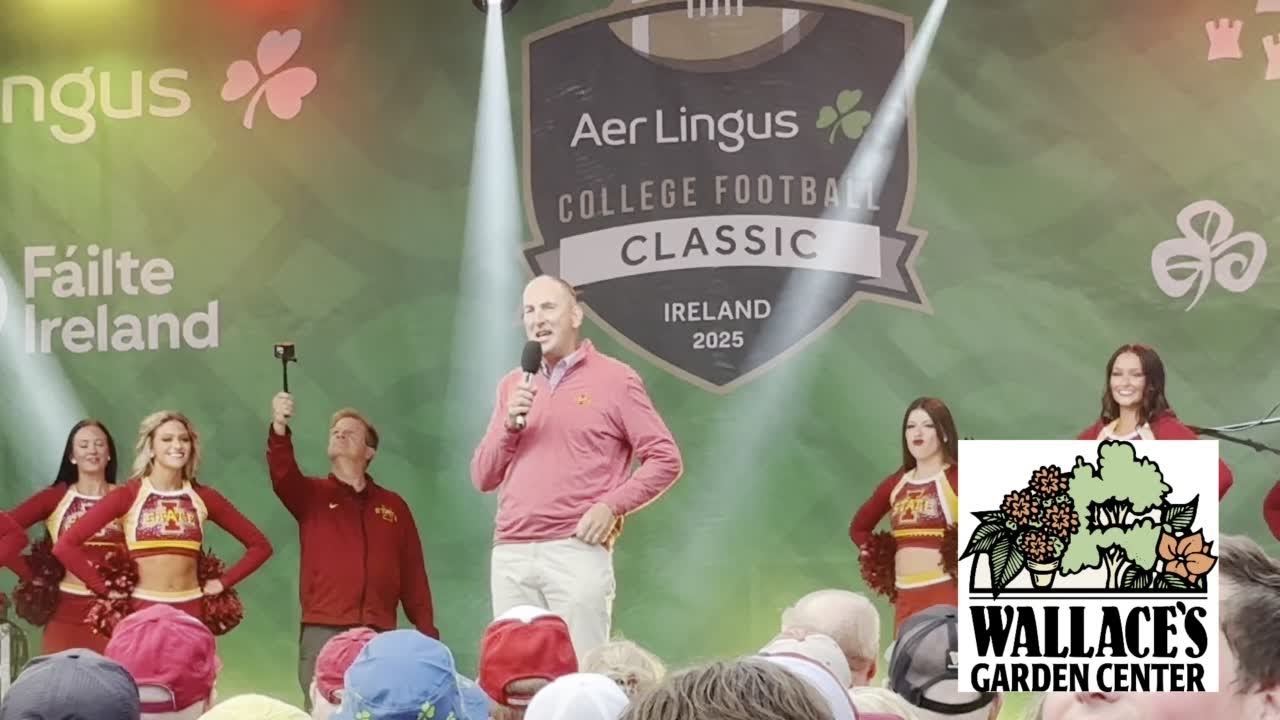 Iowa State athletic director Jamie Pollard addresses fans in Ireland