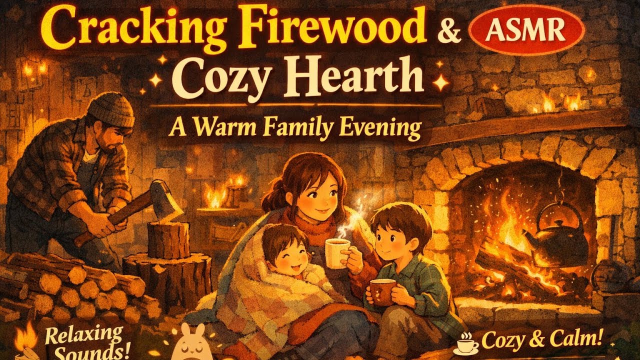 Cracking Firewood & Cozy Hearth — A Warm Family Evening | Ghibli Family | Ghibli-Style ASMR