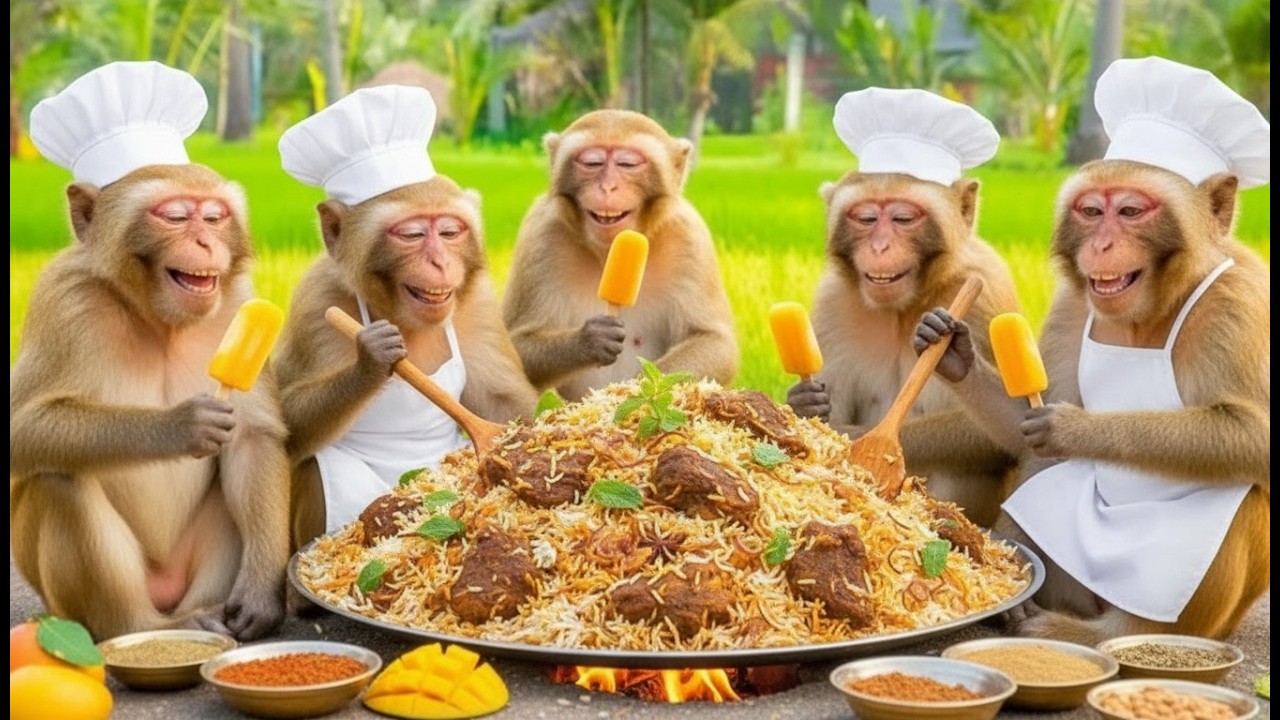 बंदरों का झुंड मिलकर मटन बिरयानी बना रहे हैं!– पारंपरिक भारतीय  बिरयानी 😱🐒🍦| making MUTTON BIRYANI!
