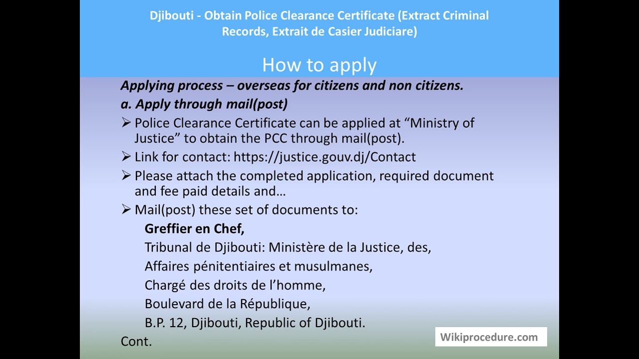Djibouti - Police Clearance Certificate (Extract Criminal Records, Extrait de Casier Judiciare, PCC)