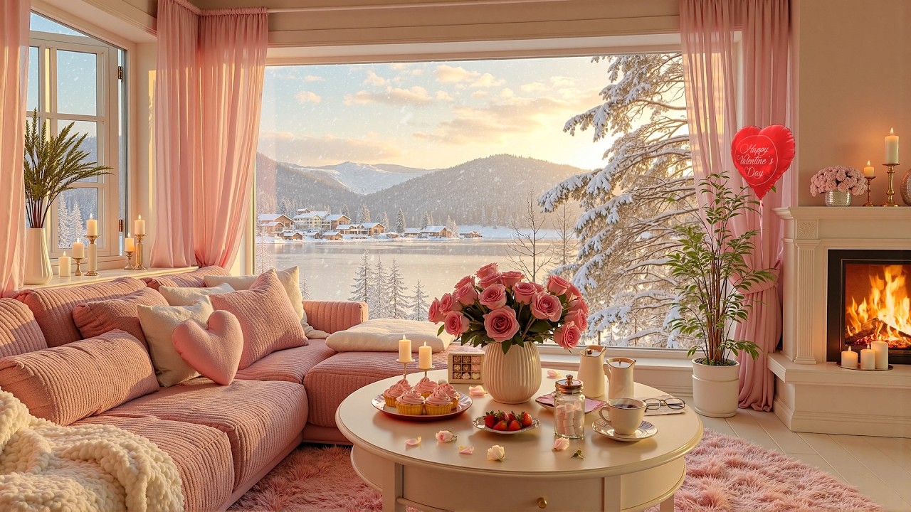 Romantic Snowy Cabin Jazz for Valentine’s Day 💕 Fireplace & Sunrise Ambience for Love & Relaxation