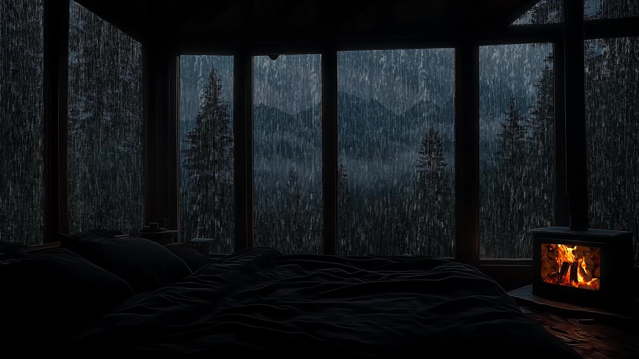 🏔️ Peaceful Rainfall in a Quiet Cabin in the Mountains | Rain on Roof & Fireplace | Relax & Focus
