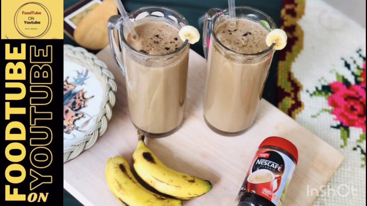 Banana coffee smoothie recipe. Energy booster. Tasty coffee with banana for breakfast.