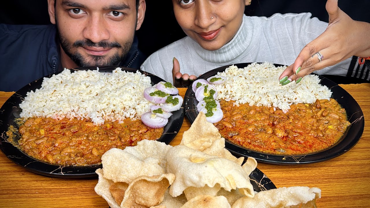 EATING RAJMA CHAWAL ,SALAD &RICE PAPAD |INDIAN FOOD MUKBANG |MASALA RAJMA WITH JEERA RICE