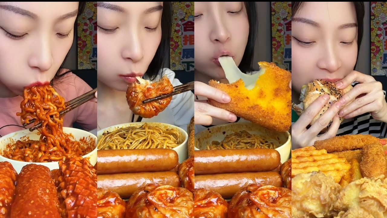 Soy sauce fried, picy chicken noodles, Steamed Pork Dumplings, Fried chicken burger + fried cheese