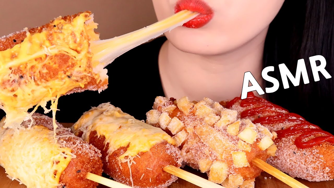 ASMR DOUBLE CHEESE CORN DOG eating sounds MUKBANG 명랑신메뉴 따따블치즈핫도그 먹방 咀嚼音ダブルチーズハットグを食べる|Mellawnie ASMR