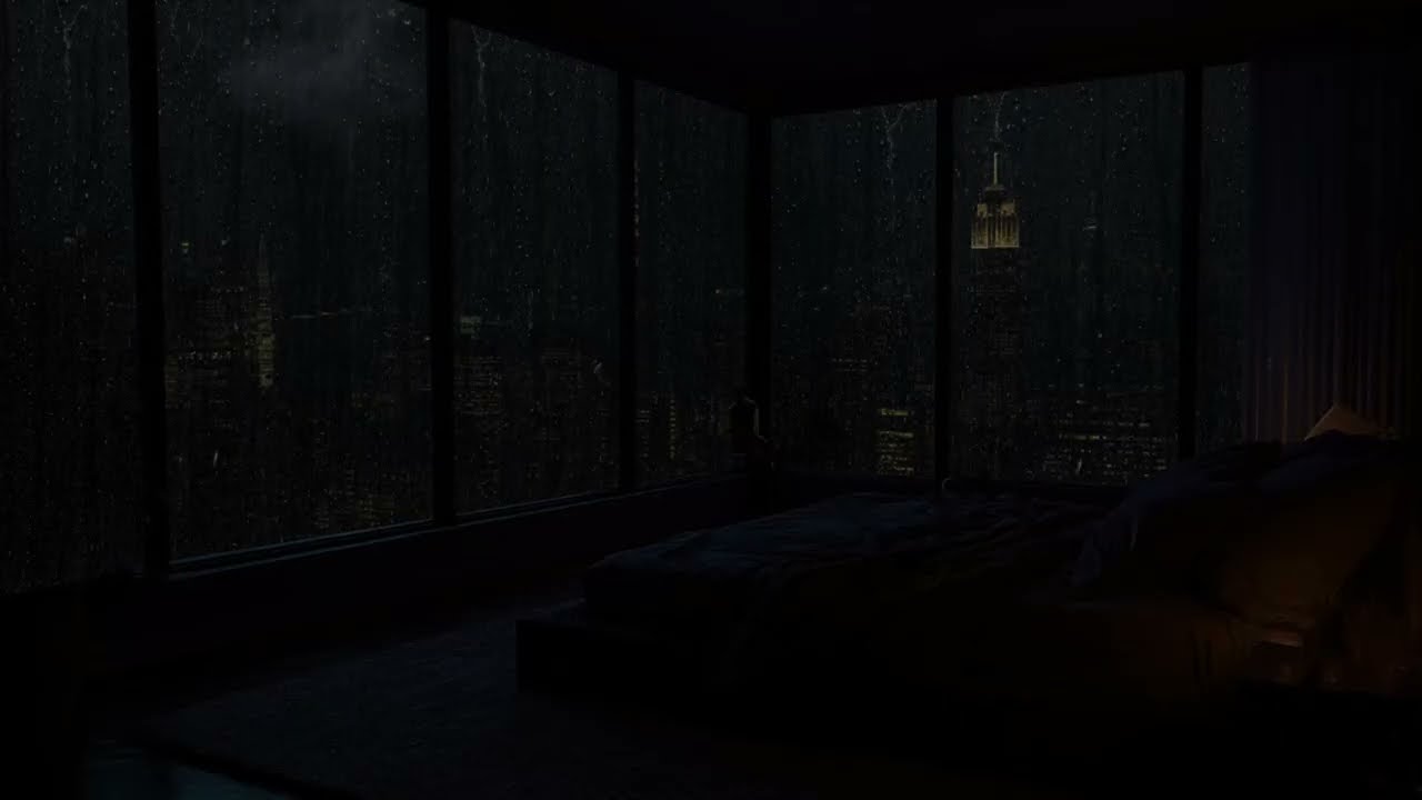 6 Hours Rain Sounds in a Dark Luxury NYC Bedroom Relaxing Ambience for Deep Sleep - White Noise