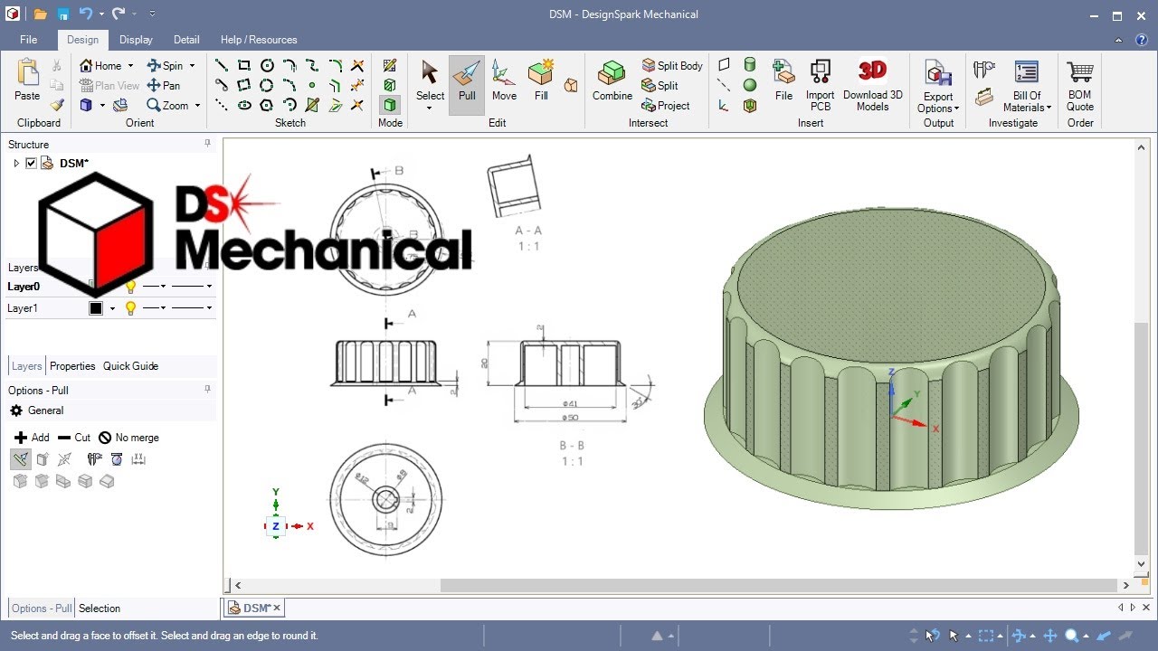 DesignSpark Mechanical #20 Direct Modeling: Control Knob (Pull, Revolve Circular pattern...)