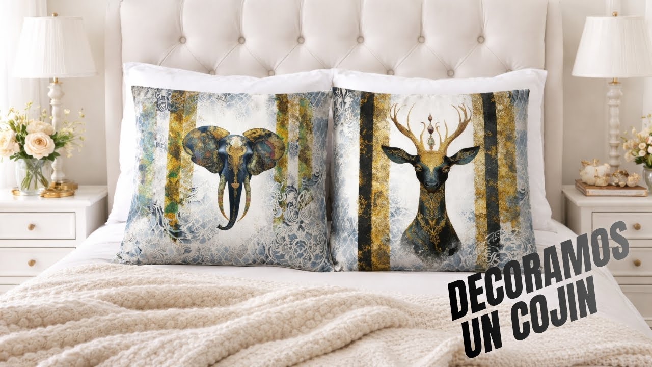 Cojín decorado con tintas al alcohol y oros
