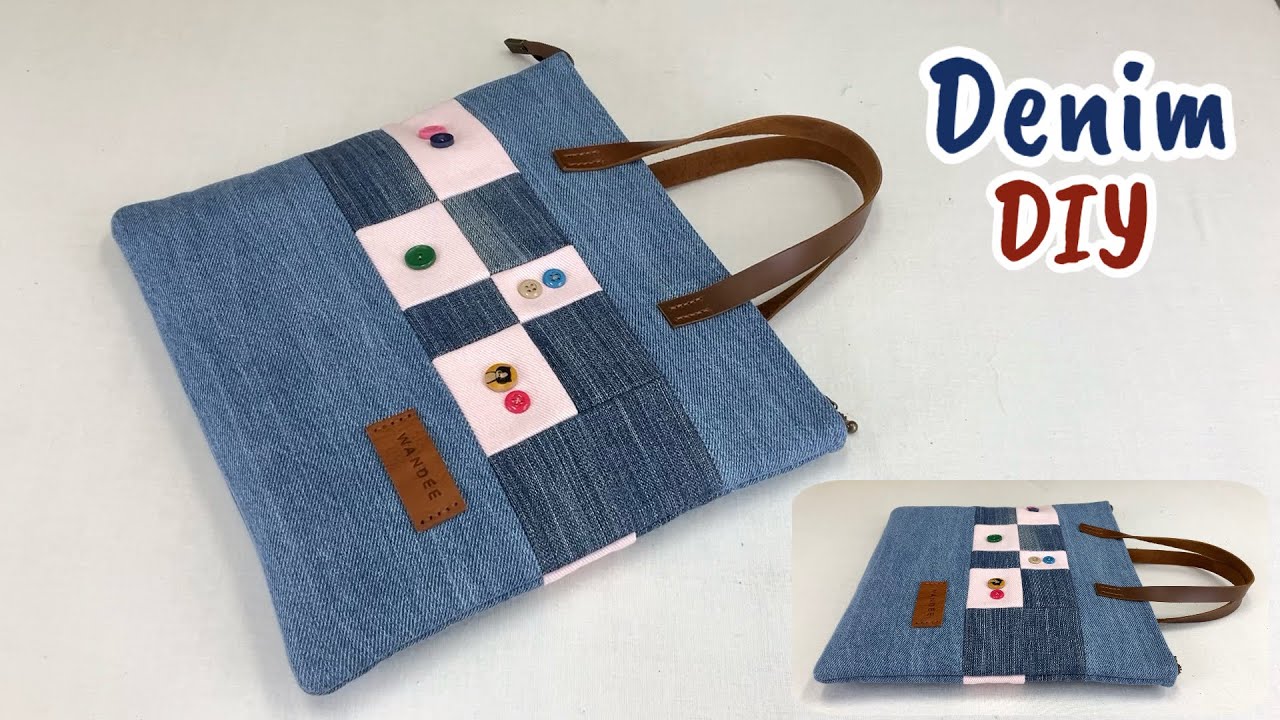 Simple denim patchwork into mini handbag tutorial , Sewing diy denim hand bag from jeans scraps idea