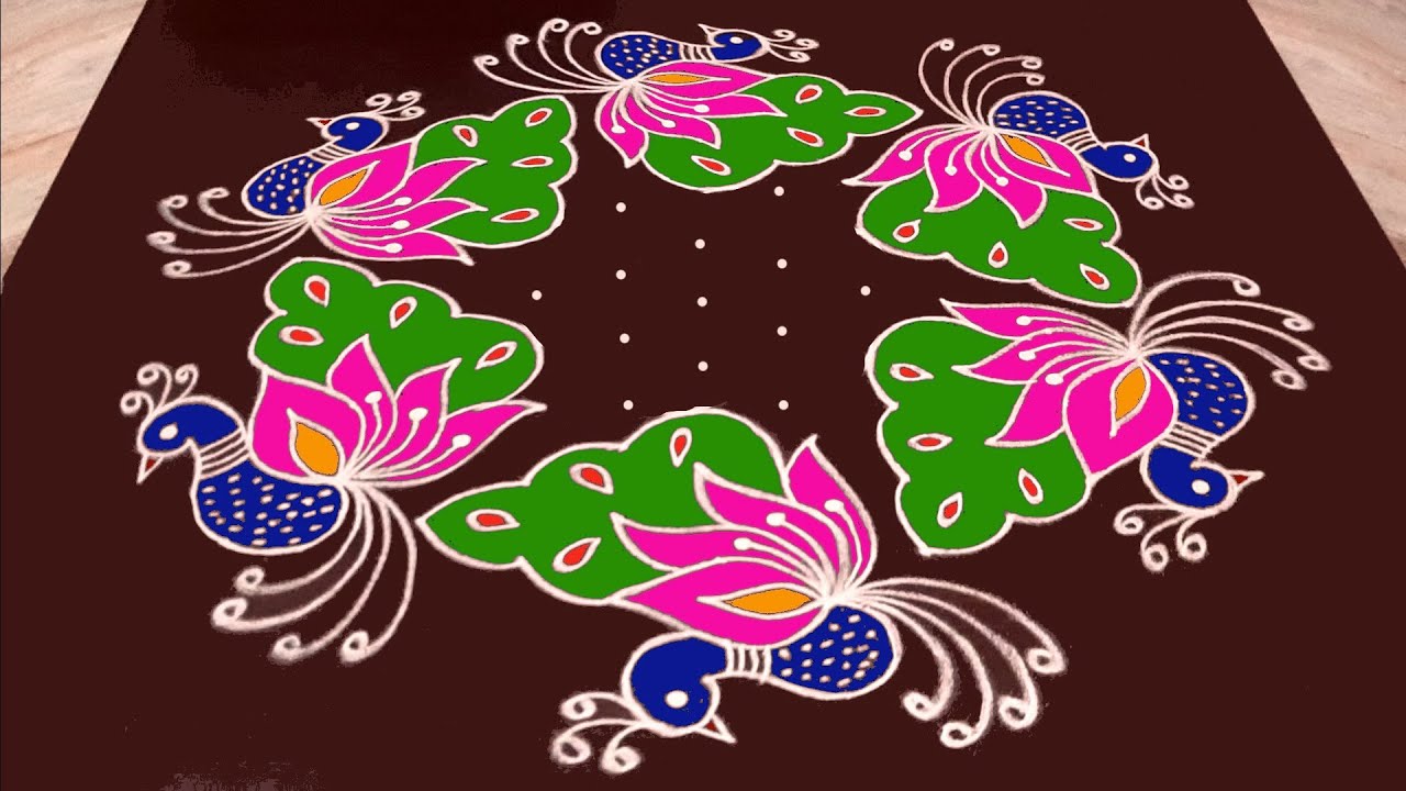 Peacock Rangoli with 11X6 dots | cute kolam with dots | Mayil kolam | Peacock muggulu