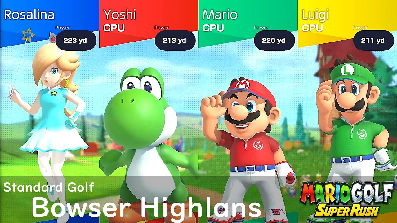 Mario Golf Super Rush Rosalina vs Yoshi vs Mario vs Luigi in Bowser Highlans