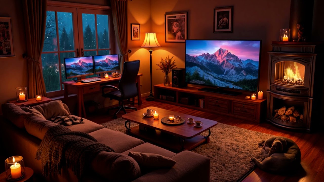 Rainy Evening in a Cozy Living Room | Mountain Views & Fireplace Ambience for Sleep