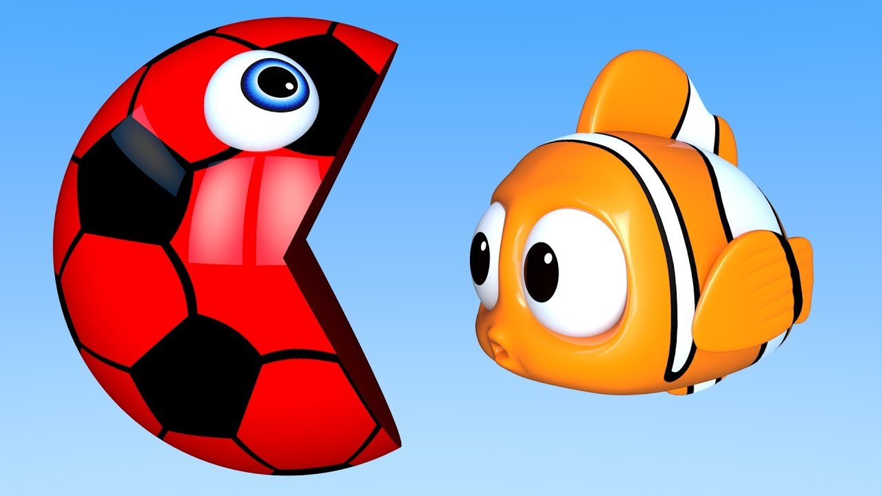 Учим Цвета с PACMAN как рыба и Футбольные Мячи на море и Пакман путешествует по волшебному слайду