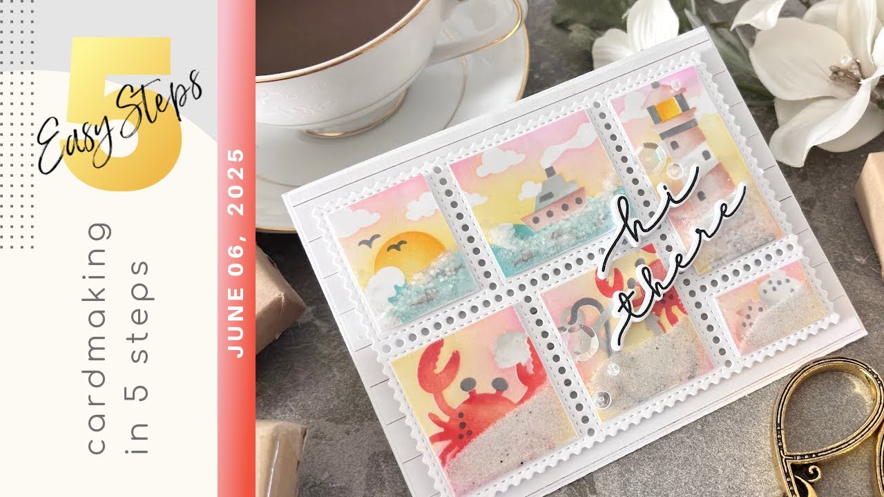 CARDMAKING IN 5 EASY STEPS | A NO BULK SHAKER Card Waffle Flower Postage Collage Coastal Stencil