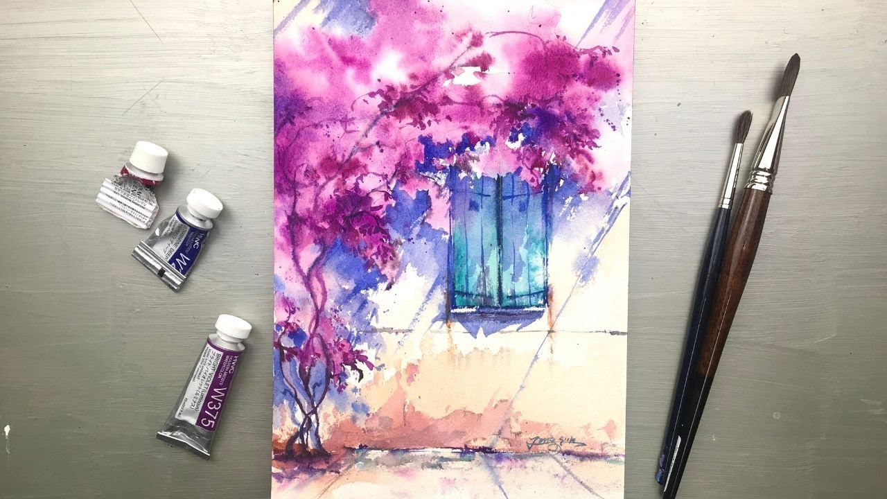 Watercolor Painting - Bougainvillea Flowers and Window- How to paint Light and Shadow-Tutorial