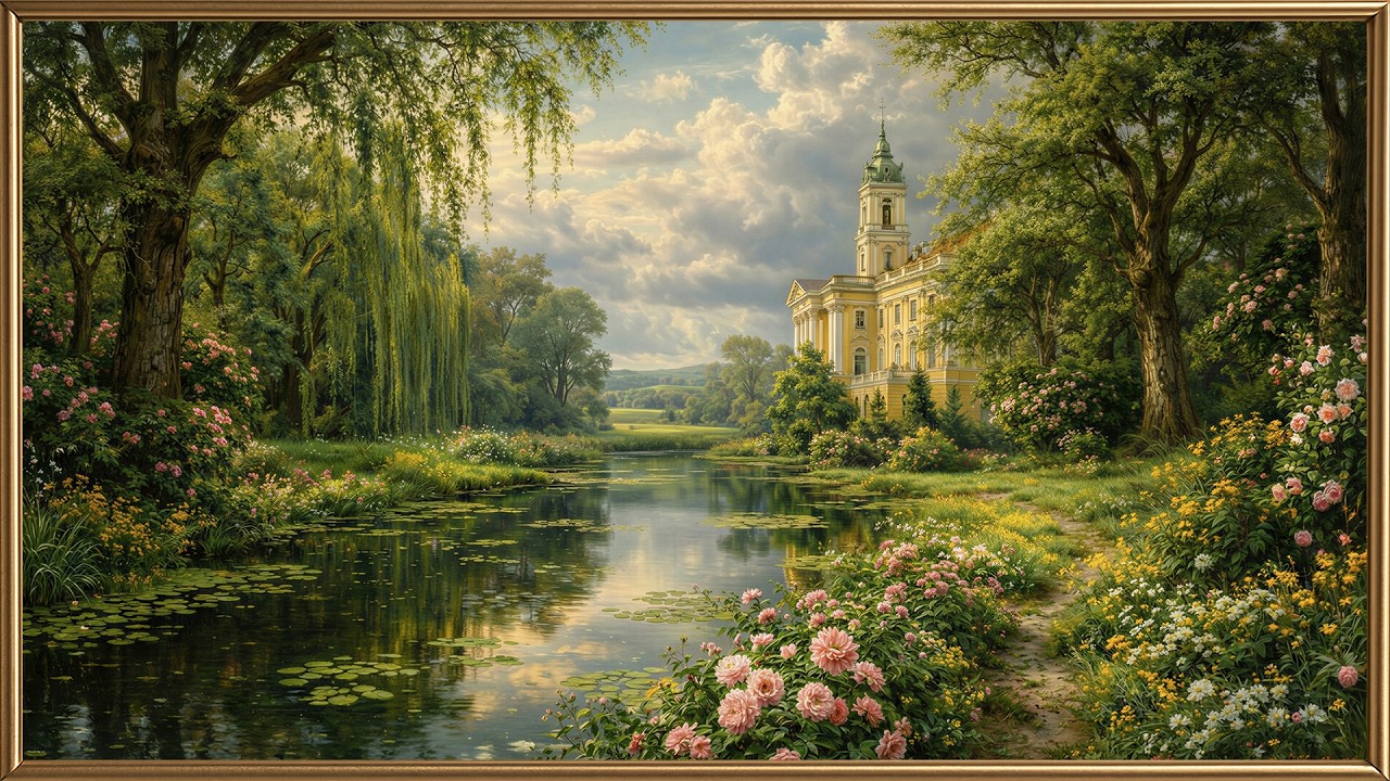 Classical Riverside Manor Oil Painting | Frame TV Art 4K | 3 Hours Screensaver (Single Art)