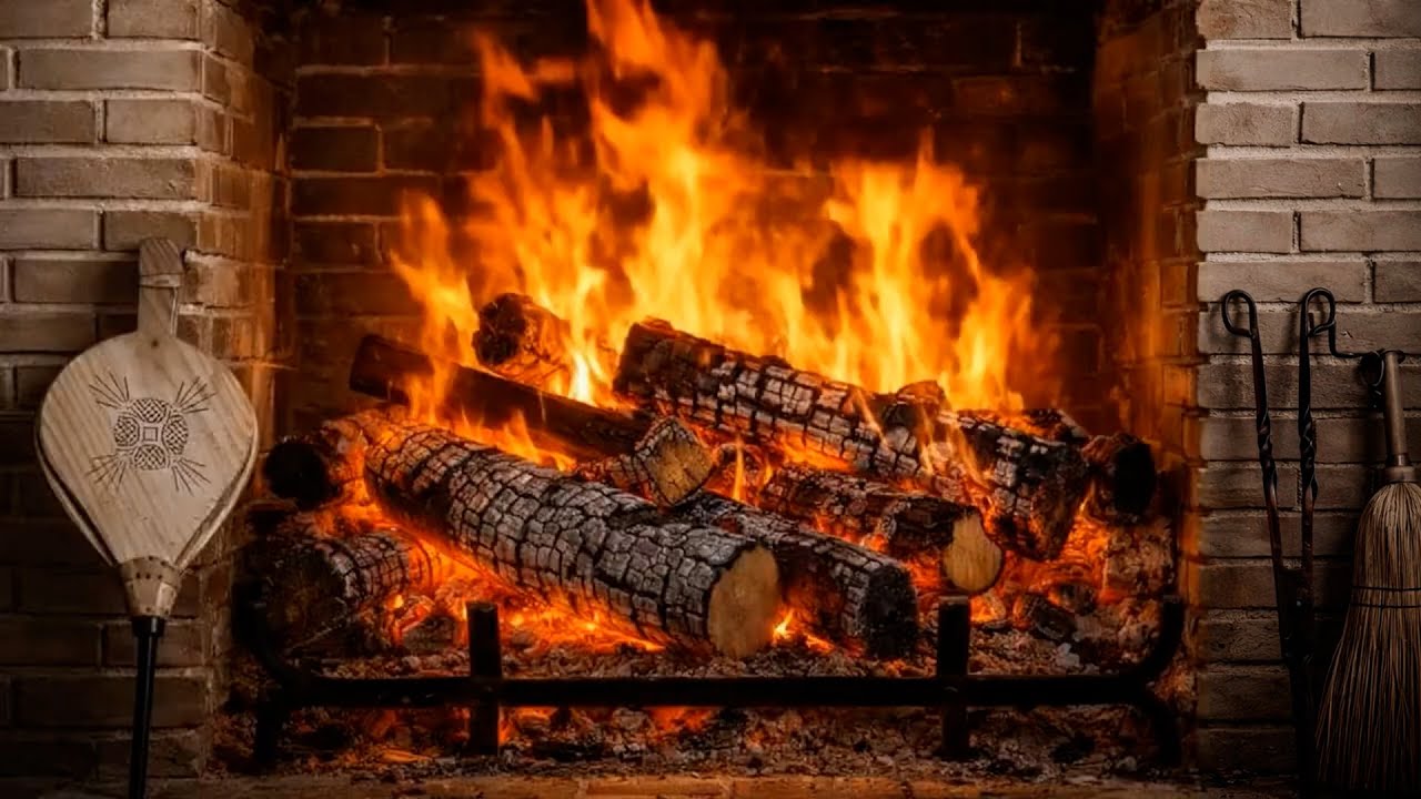 Luxuriöser Kamin mit glühenden Holzscheiten und knisternden Flammen – Gemütliches Kino-Ambiente in 4