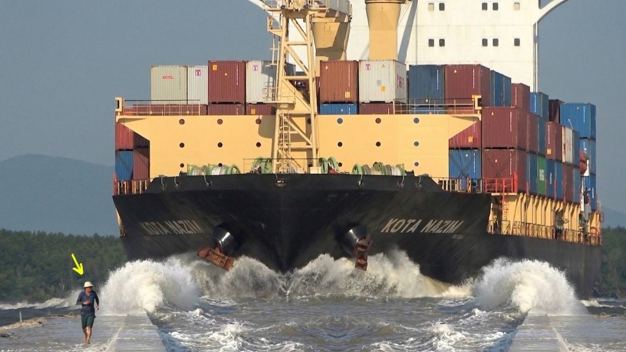 ⚠️ Close Call! Huge Waves from Passing Container Ship Hit Shore Sends Man Running