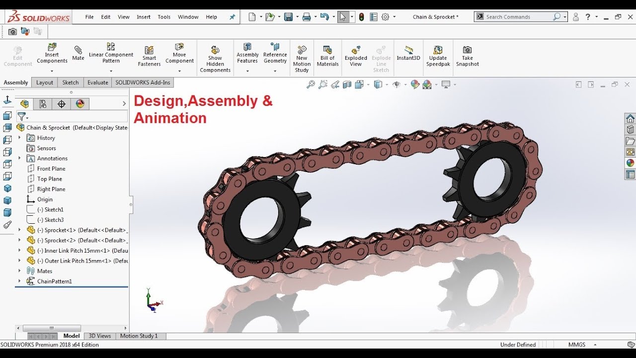 Solidworks tutorial: Chain and Sprocket Animation with Design and Assembly