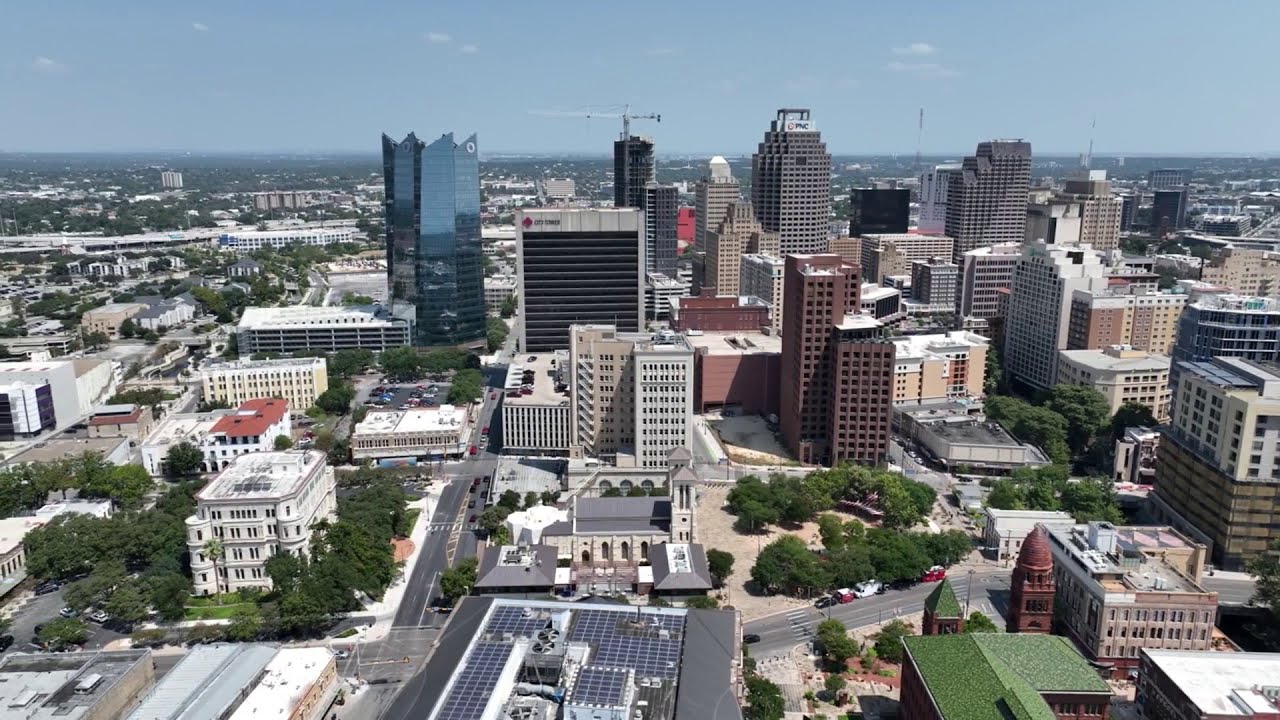 Aerial footage shows San Antonio skyline from drone's perspective